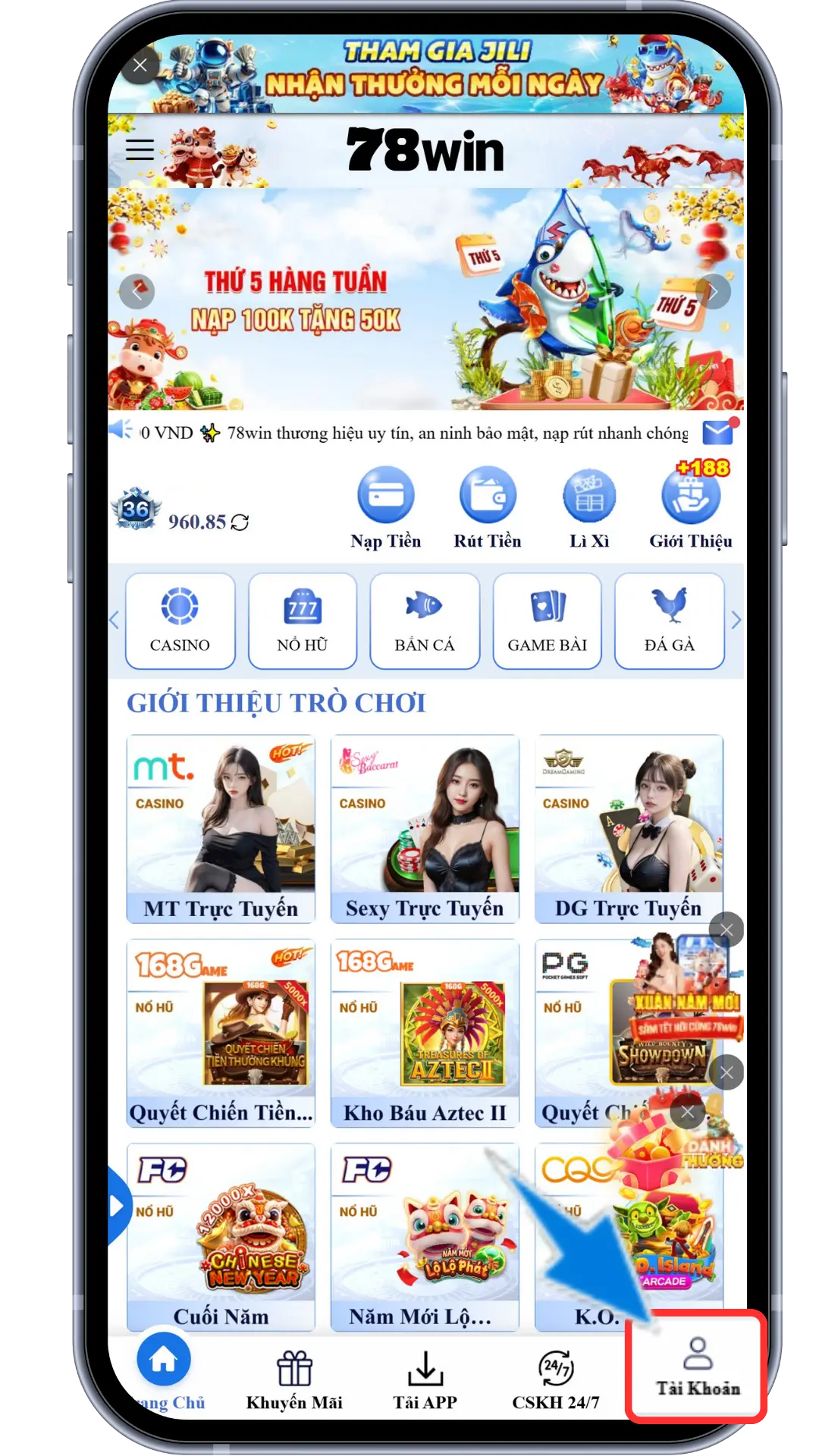 Bước 1: Tại trang chủ chọn TÀI KHOẢN 